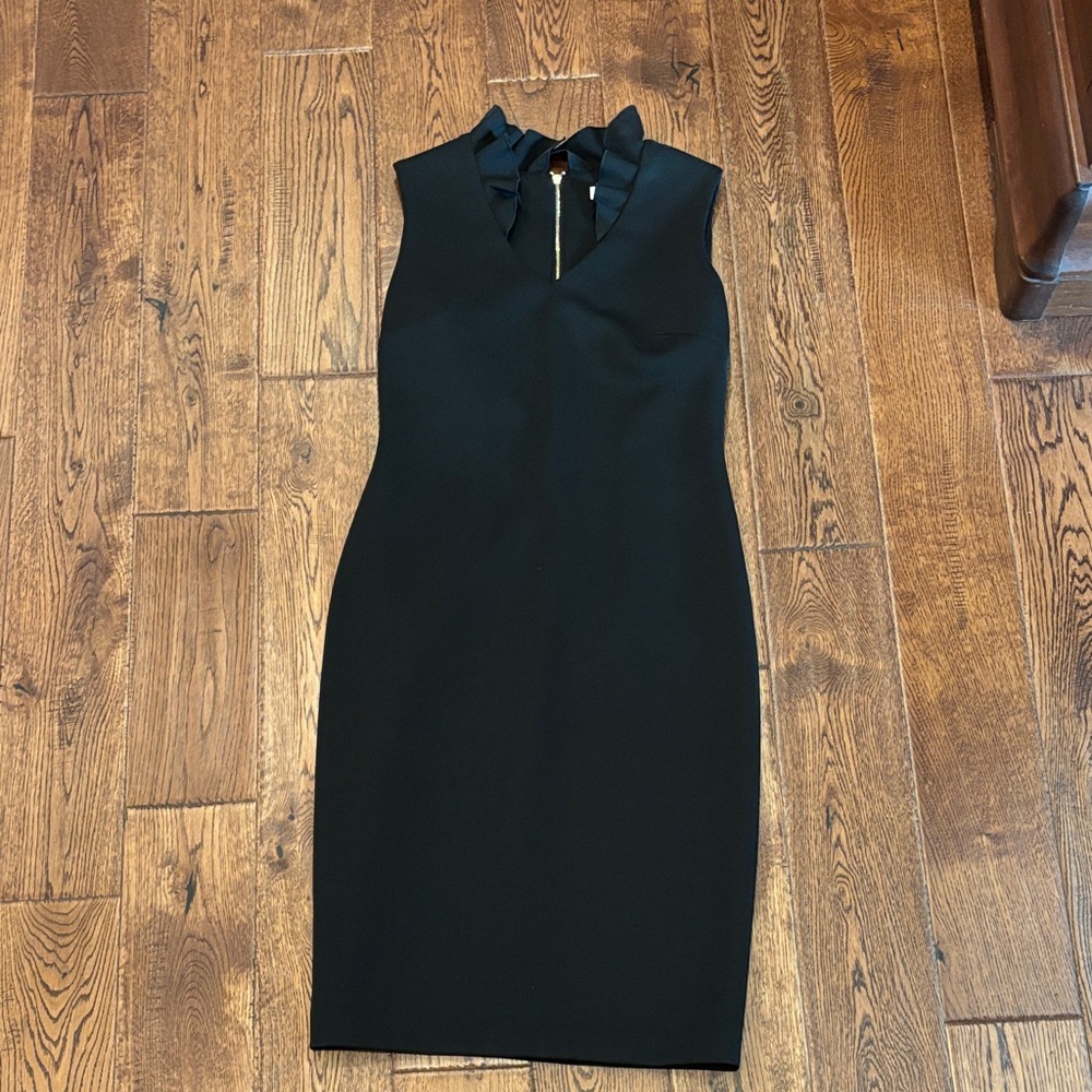 Calvin Klein Black Ruffle Neck Midi Dress
